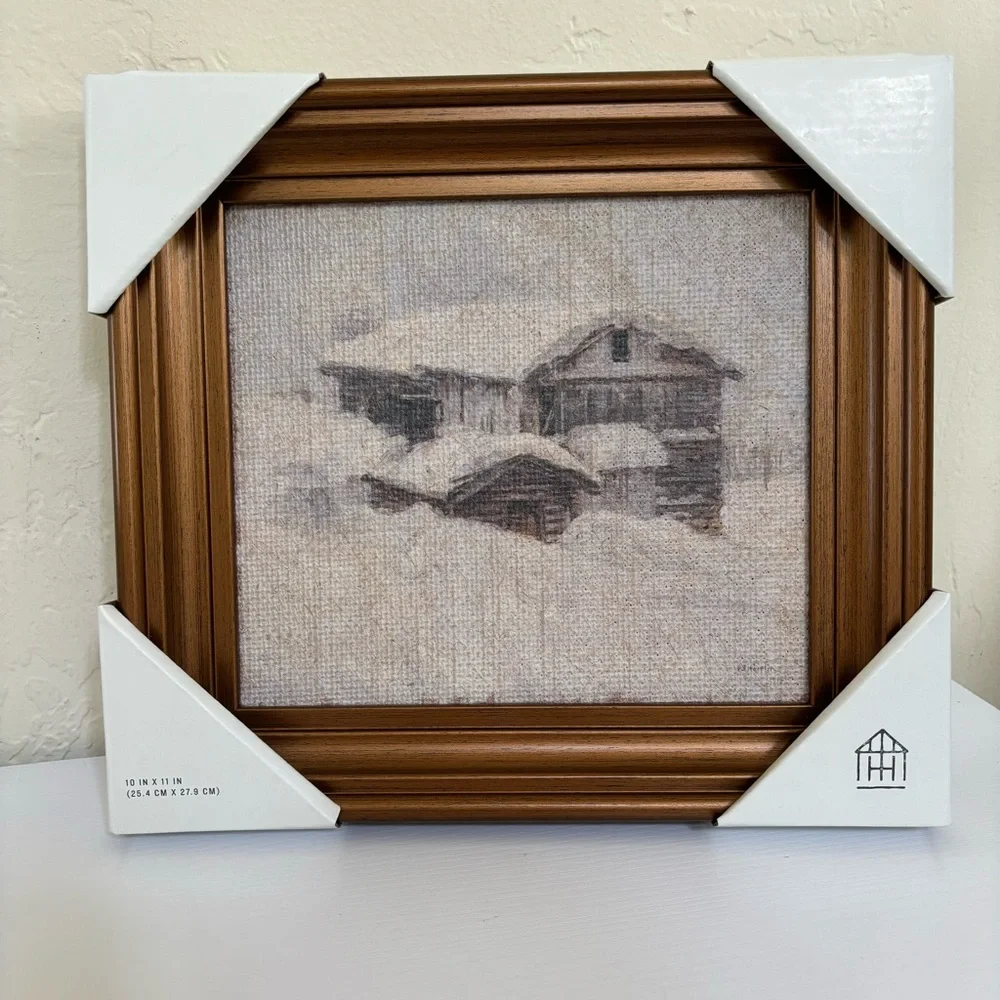Hearth & Hand with Magnolia 10”x11” Snowy Cabin Burlap Framed Wall Art NWT